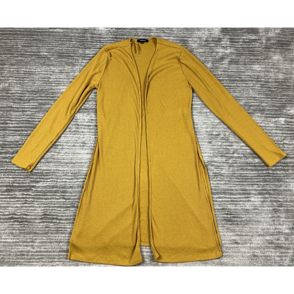 Ambiance Cardigan Women Medium Mustard Yellow Ribbed Duster Long Side Slit